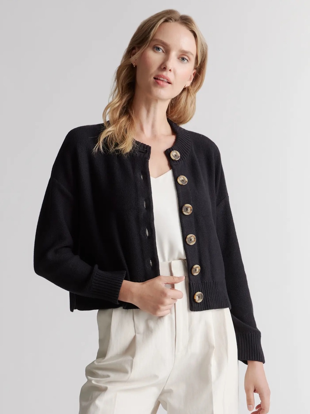 Quince Black Button Front Cardigan Sweater Organic Cotton Oversized Slouchy Crop